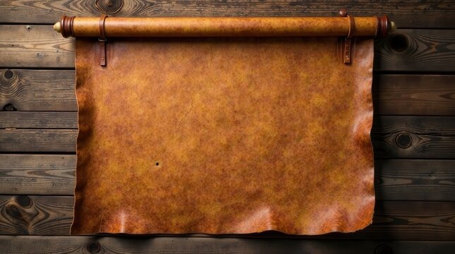 Ancient parchment scroll on rustic wooden backdrop, perfect for adding your own text or design