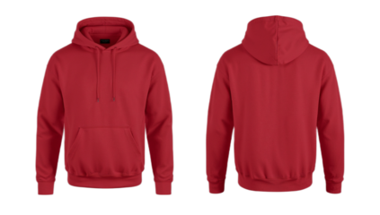 Front and back view of a plain red hooded sweatshirt, isolated.