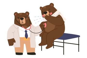  Patient coughs. Reception in doctor's office. Doctor listens to lungs. Humanized animals. Flat vector illustration
