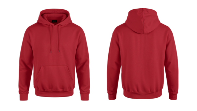 Front and back view of a plain red hooded sweatshirt, isolated.