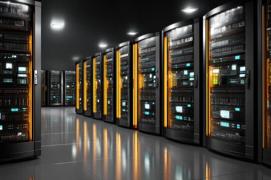 Dark server room with rows of illuminated data servers