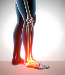 Inflamed Human Foot and Ankle Pain Illustration with Highlighted Bones