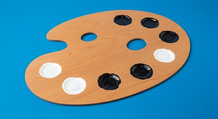 Fototapeta premium Wood Artist Palette displays Black and White Paint on Blue. Wood grain texture, product staging, art branding.