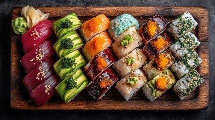 Top down view of assorted sushi rolls with colorful toppings and fresh textures arranged neatly on wooden board ideal for food styling or Japanese cuisine