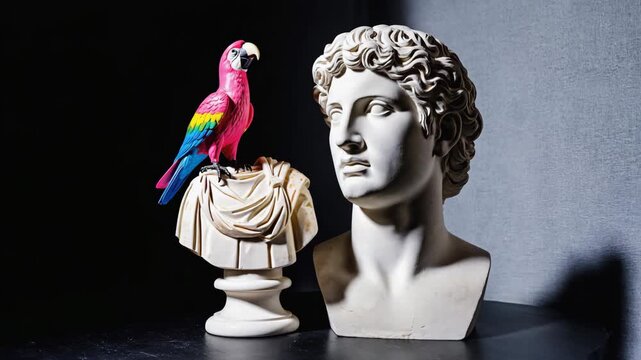 A marble bust sculpture next to a colorful parrot perched on it.