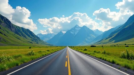 Naklejka premium Asphalt ribbon unwinding towards majestic snow-capped peaks under a brilliant summer sky, a scenic drive through verdant meadows