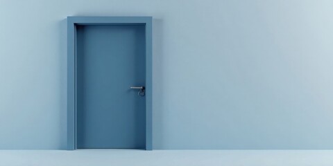 A solitary blue door, subtly framed, stands against a pale blue wall, suggesting possibility and the anticipation of what lies beyond.