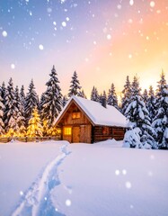 Naklejka premium Snowy Cabin in a Winter Forest at Sunrise.