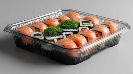 Assorted sushi rolls with salmon in a transparent container ready to serve