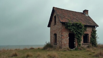 Obraz premium Solitary Brick House by the Sea, Overgrown with Vines and Facing a Calm Ocean on a Cloudy Day
