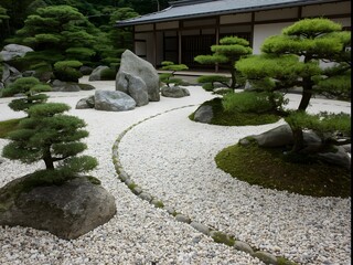 Fototapeta premium Traditional Japanese Zen garden with raked white gravel, stones, and manicured pine trees near wooden temple, symbolizing harmony, simplicity, and peaceful meditative landscape design