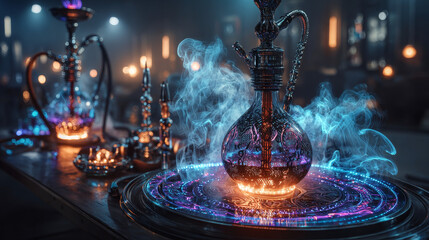 Hookah hot coals on shisha bowl with mouthpieces and color lights with dark background