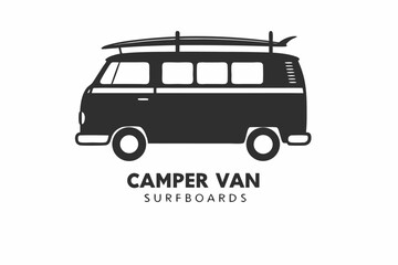 Dark Classic Camper Van with Surfboard on White Background Design