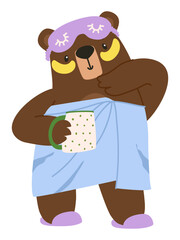 Morning bear in a towel. Sleep mask, eye patches for bags. Morning drink in the paws of the animal. Flat vector illustration. eps10