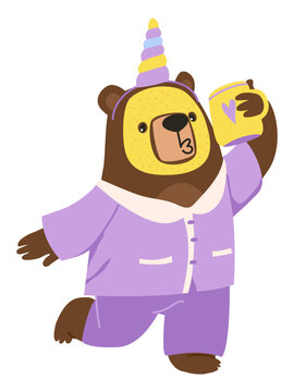 Morning bear with mask on face. Headband unicorn horn. Kissing with cup. Flat vector illustration. eps10