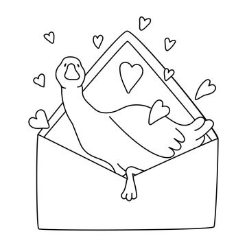 Bird goose climbs out of the envelope. Flying hearts. Postal envelope. Flat vector line illustration. EPS10