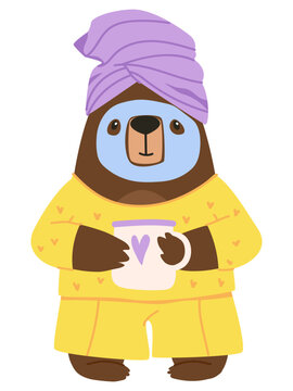 Bear in pajamas. Animal in a towel on his head. Mask on his face. Morning cup of coffee. Flat vector illustration. eps10
