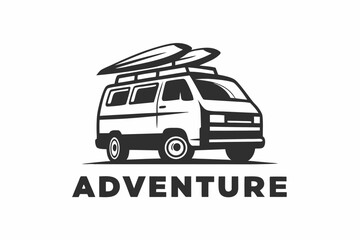 Black & White Camper Van Icon with Surfboard, 