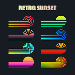 Obraz na płótnie Canvas Vintage colorful sunset. Various gradient striped sunrise badges in 80s and 90s style. Sun and ocean view, summer vibes, surfing. Design element for print, logo or t-shirt. Vector illustration