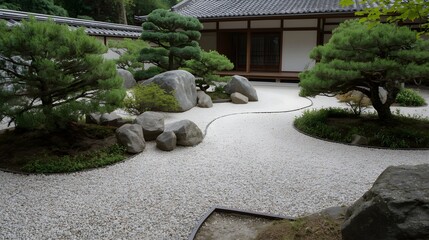 Obraz premium Traditional Japanese Zen garden with raked white gravel, stones, and manicured pine trees near wooden temple, symbolizing harmony, simplicity, and peaceful meditative landscape design