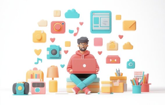 Young Man Using Laptop Surrounded by Colorful Social Media Icons - Powered by Adobe