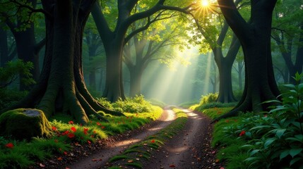 Naklejka premium Sunlit Path Through an Enchanting Forest with Lush Greenery and Vibrant Flowers