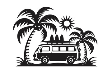 Black Van with Surfboards under Palm Trees on White Background Design
