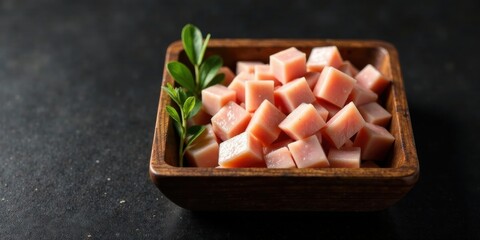 A wooden bowl filled with delicate cubes of savory meat, garnished with fresh green sprigs, rests on a dark surface.