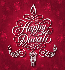 Stylish Happy Diwali calligraphy vector with elegant swirls, decorative diya lamps & lantern, with festive background, Diwali, typography, calligraphy, lamp, lantern, festival, Indian, celebration