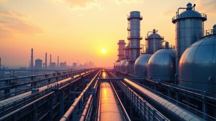 Industrial Sunset A Panorama of Refining Towers and Pipelines at Golden Hour