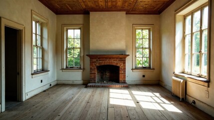 Sunlit Room with Brick Fireplace and Aged Wooden Floors in an Abandoned House