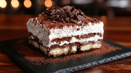 Tiramisu layers close-up revealing distinct cream and coffee-infused cake layers topped with dark chocolate curls on slate serving plate with elegant restaurant ambiance