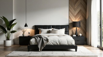 Modern bedroom interior design featuring a black upholstered bed, nightstands, and a chevron wood accent wall.
