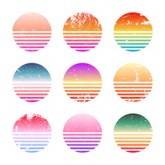 Grunge vintage colorful sunset. Striped gradient sunrise badges in 80s and 90s style. Sun and ocean view, summer vibes, surfing. Design element for print, logo or t-shirt. Vector illustration