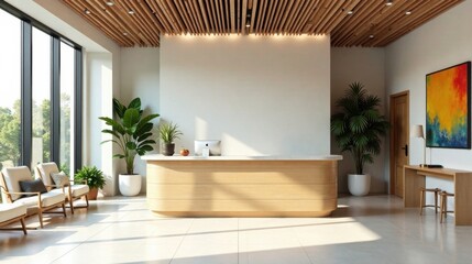 Serene and Minimalist Reception Area Design with Natural Light and Modern Furnishings