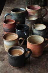 Rustic Ceramic Mugs with Coffee on Weathered Wooden Tabletop, Close-Up