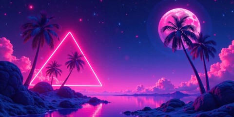 Serene Tropical Nightscape with Glowing Neon Triangle and Full Moon