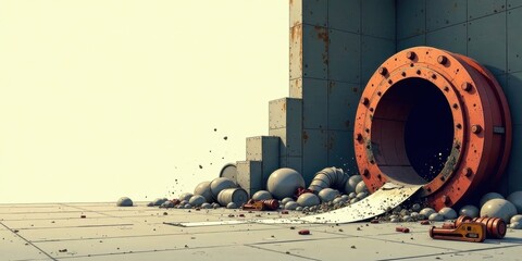 Rusty Industrial Portal and Scattered Spheres A Post-Apocalyptic Scene Depicting Debris and Decay