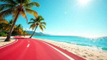Red Asphalt Pathway Winding Along a Pristine Tropical Beach Under a Bright Sunny Sky