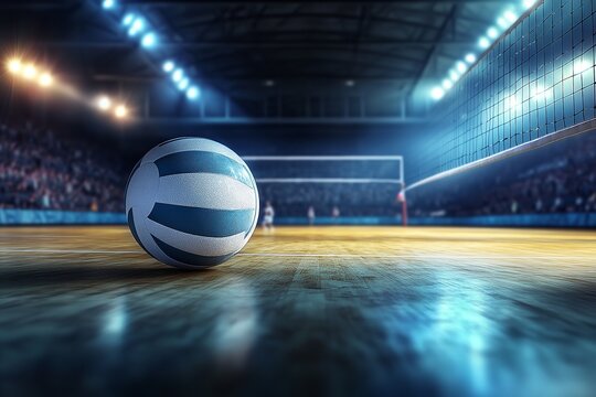 Dynamic volleyball ball in focus on court with net ready for action dramatic lighting ideal for sports marketing and advertising campaigns, Generative AI.