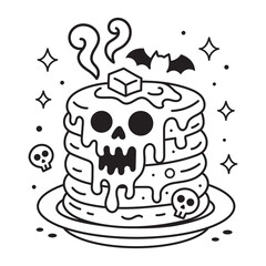 Spooky Snacks Coloring Page &ndash; Cute Halloween Pancakes with Skull Face, Black and White Line Art