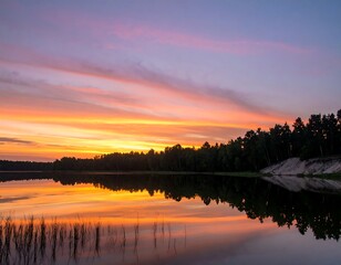 Obraz premium Vibrant Sunset Over Serene Lake with Stunning Sky Reflections.