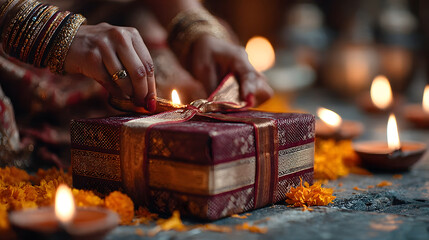Female hands unwrapping a gift with bangles and mariold petals