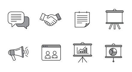 Business Meeting and Presentation Icons Set.