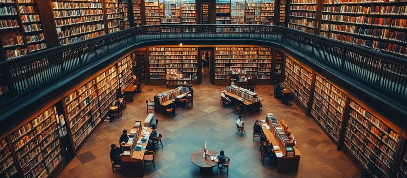 An Overlook of a Grand Library Filled with Books and Readers