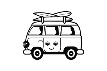 Cartoon Black and White Cute Van with Surfboard on White Background