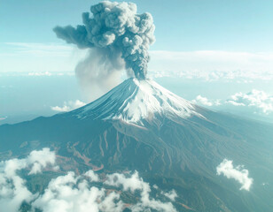 富士山が噴火して頂上から噴煙が上がっているイメージ。空撮。