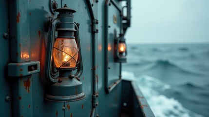 Illuminated Vessel Lantern on Rusted Metal Surface Amidst Ocean Waves