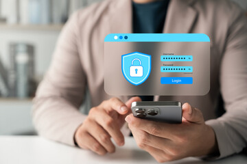 Cybersecurity concept showing businessman using smartphone for secure login with password on digital interface. Ideal for data protection, privacy, authentication, and online security.