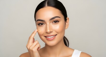 Smiling Woman's Skincare Routine: Applying Foundation for a Smooth, Luminous and Confident Face